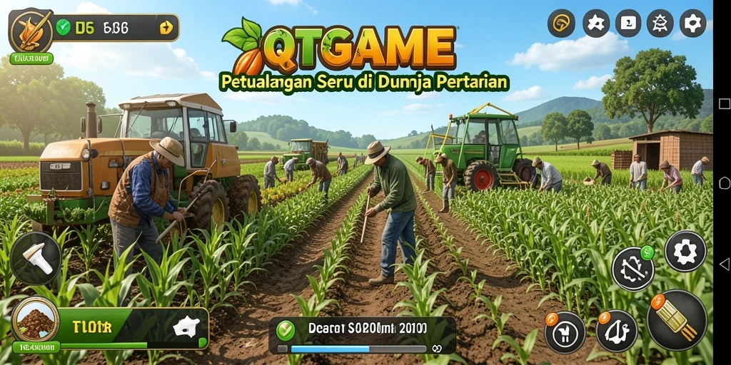Screenshot gameplay QTGAME menunjukkan keseruan bertani dan mengelola pertanian.